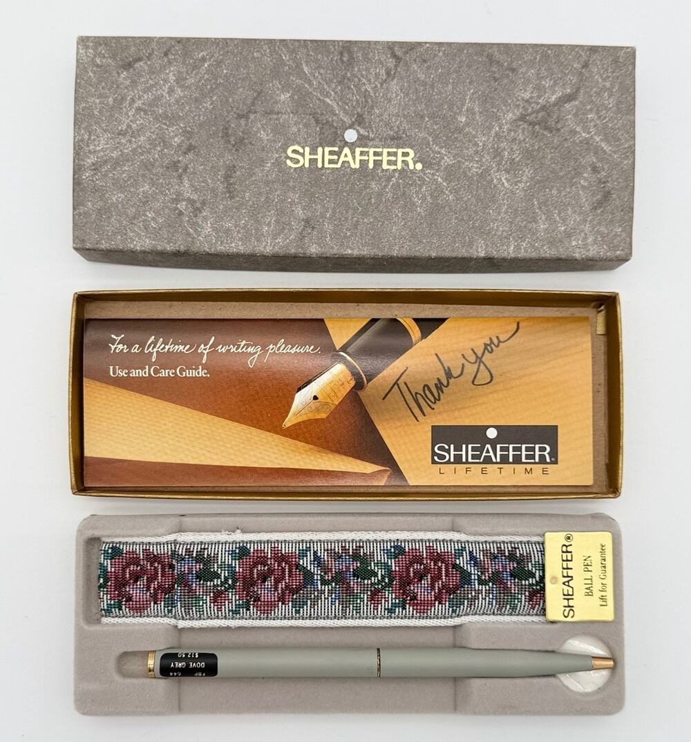 Vintage Sheaffer Fashion Dove Grey Ballpoint Floral Needlepoint Sleeve Boxed NOS